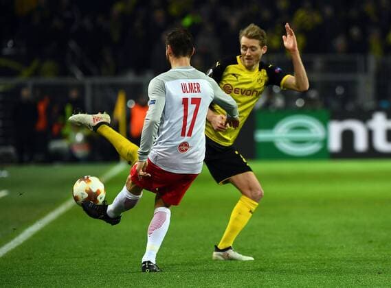 08.03.2018, xjhx, Fussball Europa League, Borussia Dortmund - RB Salzburg, emspor, v.l. Andreas Ulmer (FC Red Bull Salzburg) , Marco Reus (Borussia Dortmund) Dortmund