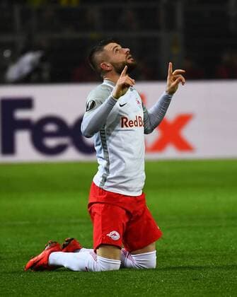 08.03.2018, xjhx, Fussball Europa League, Borussia Dortmund - RB Salzburg, emspor, v.l. Valon Berisha (FC Red Bull Salzburg) celebrate the goal, Torjubel zum 0:1 Dortmund