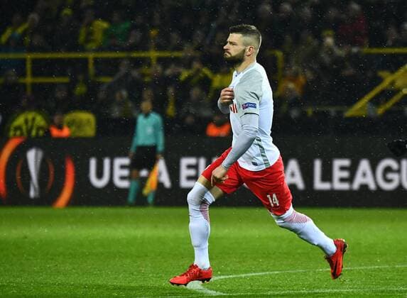 08.03.2018, xjhx, Fussball Europa League, Borussia Dortmund - RB Salzburg, emspor, v.l. Valon Berisha (FC Red Bull Salzburg) celebrate the goal, Torjubel zum 0:1 Dortmund