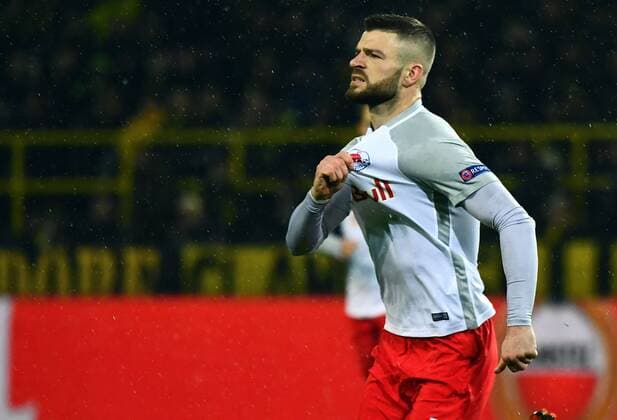 08.03.2018, xjhx, Fussball Europa League, Borussia Dortmund - RB Salzburg, emspor, v.l. Valon Berisha (FC Red Bull Salzburg) celebrate the goal, Torjubel zum 0:1 Dortmund