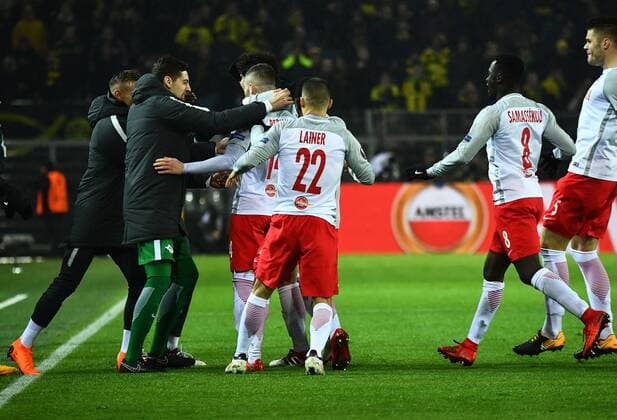08.03.2018, xjhx, Fussball Europa League, Borussia Dortmund - RB Salzburg, emspor, v.l. Valon Berisha (FC Red Bull Salzburg) celebrate the goal, Torjubel zum 0:1 Dortmund