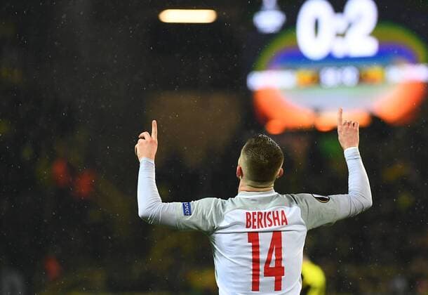 08.03.2018, xjhx, Fussball Europa League, Borussia Dortmund - RB Salzburg, emspor, v.l. Valon Berisha (FC Red Bull Salzburg) celebrate the goal, Torjubel zum 0:2 Dortmund