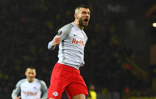 08.03.2018, xjhx, Fussball Europa League, Borussia Dortmund - RB Salzburg, emspor, v.l. Valon Berisha (FC Red Bull Salzburg) celebrate the goal, Torjubel zum 0:2 Dortmund
