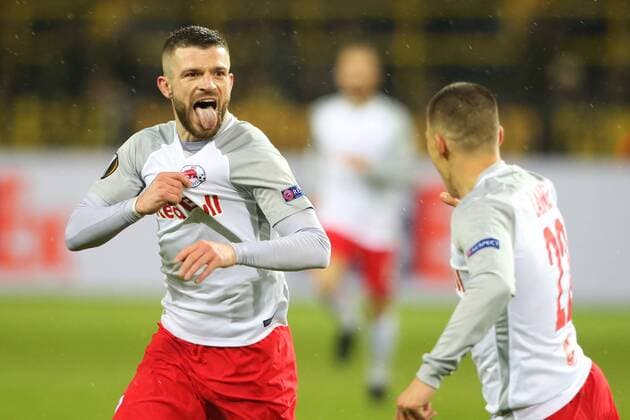 SOCCER - EL, Dortmund vs RBS DORTMUND,GERMANY,08.MAR.18 - SOCCER - UEFA Europa League, last sixteen, Borussia Dortmund vs Red Bull Salzburg. Image shows the rejoicing of Valon Berisha (RBS). GEPAxpictures xMathiasxMandl