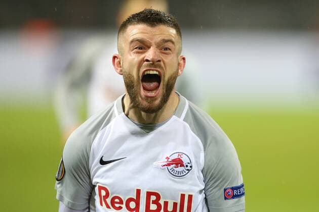 SOCCER - EL, Dortmund vs RBS DORTMUND,GERMANY,08.MAR.18 - SOCCER - UEFA Europa League, last sixteen, Borussia Dortmund vs Red Bull Salzburg. Image shows the rejoicing of Valon Berisha (RBS). GEPAxpictures xMathiasxMandl