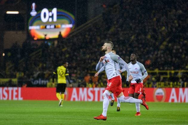 Valon Berisha (FC Salzburg 14) beim Torjubel nach dem Treffer zum 1:0 beim Europa League Achtelfinale zwischen Borussia Dortmund und dem FC Salzburg am 08.03.2018, Dortmund Copyright: xSchuelerx xEibnerx-xPressefotox EP_JSE