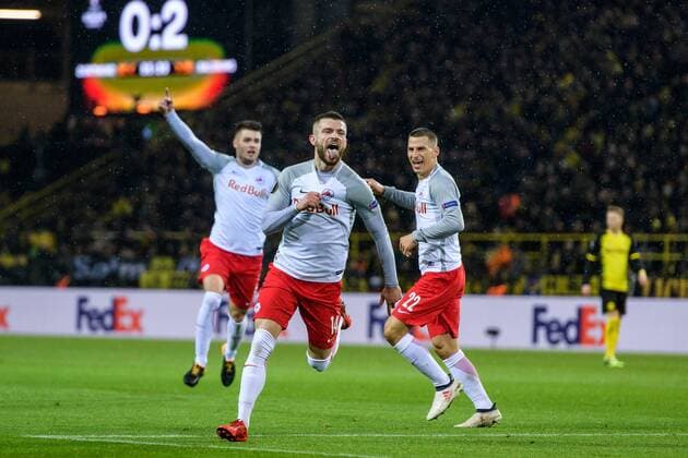 vl: Duje Caleta?Car (FC Salzburg 5), Valon Berisha (FC Salzburg 14) und Stefan Lainer (FC Salzburg 22) beim Torjubel nach dem Treffer zum 2:0 beim Europa League Achtelfinale zwischen Borussia Dortmund und dem FC Salzburg am 08.03.2018, Dortmund Copyright: xSchuelerx xEibnerx-xPressefotox EP_JSE