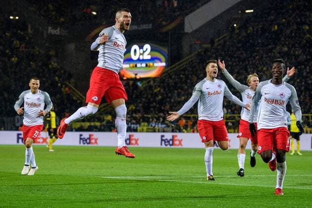 Valon Berisha (FC Salzburg 14) beim Torjubel nach dem Treffer zum 2:0 beim Europa League Achtelfinale zwischen Borussia Dortmund und dem FC Salzburg am 08.03.2018, Dortmund Copyright: xSchuelerx xEibnerx-xPressefotox EP_JSE
