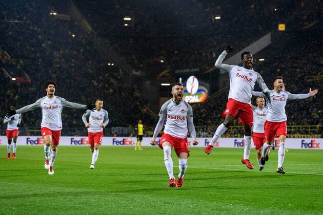 vl: Andre Ramalho (FC Salzburg 15), Valon Berisha (FC Salzburg 14), Diadie Samassekou (FC Salzburg 8), Duje Caleta?Car (FC Salzburg 5) beim Torjubel nach dem Treffer zum 2:0 beim Europa League Achtelfinale zwischen Borussia Dortmund und dem FC Salzburg am 08.03.2018, Dortmund Copyright: xSchuelerx xEibnerx-xPressefotox EP_JSE