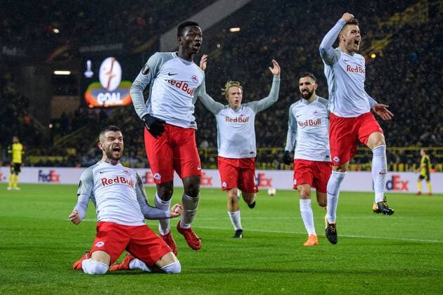 vl: Valon Berisha (FC Salzburg 14), Duje Caleta?Car (FC Salzburg 5), Amadou Haidara (FC Salzburg 4), Munas Dabbur (FC Salzburg 9) und Stefan Lainer (FC Salzburg 22) beim Torjubel nach dem Treffer zum 2:0 beim Europa League Achtelfinale zwischen Borussia Dortmund und dem FC Salzburg am 08.03.2018, Dortmund Copyright: xSchuelerx xEibnerx-xPressefotox EP_JSE