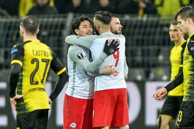 GER, 1.FBL, Borussia Dortmund vs RB Salzburg 08.03.2018, Signal Iduna Park, Dortmund, GER, 1.FBL, Borussia Dortmund vs RB Salzburg, im Bild die Mannschaft von Salzburg Schlussjubel Schlußjubel Emotion Freude
