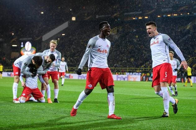 Amadou Haidara (FC Salzburg 4) und Duje Caleta?Car (FC Salzburg 5) beim Torjubel nach dem Treffer zum 2:0 beim Europa League Achtelfinale zwischen Borussia Dortmund und dem FC Salzburg am 08.03.2018, Dortmund Copyright: xSchuelerx xEibnerx-xPressefotox EP_JSE