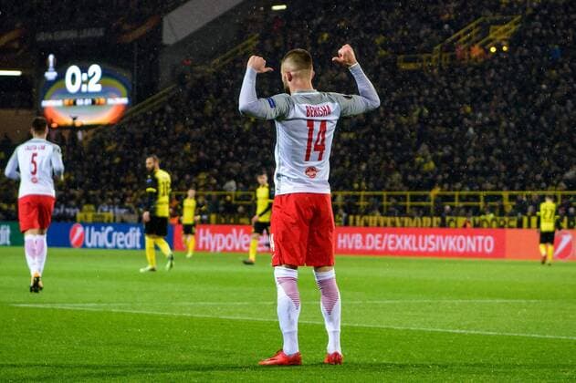 Valon Berisha (FC Salzburg 14) beim Torjubel nach dem Treffer zum 2:0 beim Europa League Achtelfinale zwischen Borussia Dortmund und dem FC Salzburg am 08.03.2018, Dortmund Copyright: xSchuelerx xEibnerx-xPressefotox EP_JSE