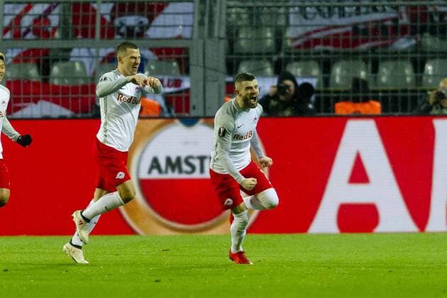 Dortmund, Germany 08.03.2018, UEFA Europa League - 2017 18 Season, Achtelfinale, Borussia Dortmund - Red Bull Salzburg, Tor zum 0:1, Valon Berisha (RBS) jubelt ( DeFodi053