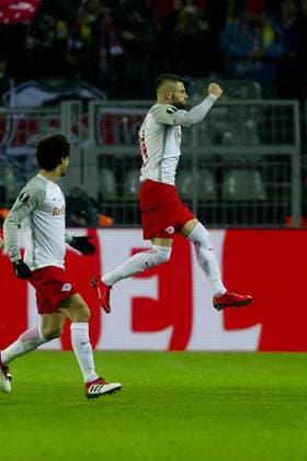 Dortmund, Germany 08.03.2018, UEFA Europa League - 2017 18 Season, Achtelfinale, Borussia Dortmund - Red Bull Salzburg, Tor zum 0:1, Valon Berisha (RBS) jubelt ( DeFodi053