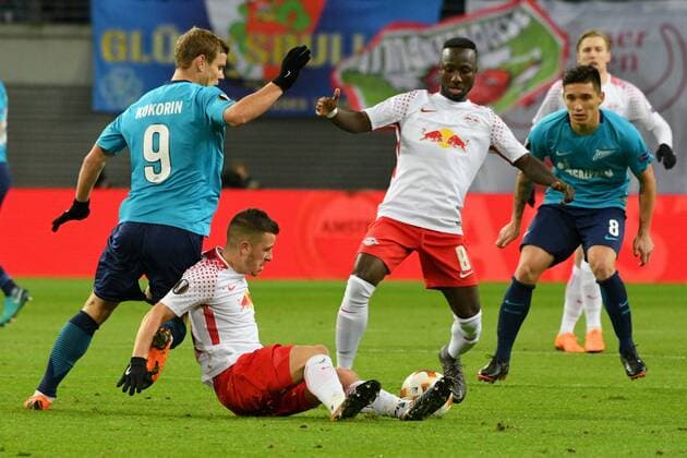 Aleksandr Kokorin (Zenit St. Petersburg) li., Naby Keita (RB Leipzig) re. und Diego Demme (RB Leipzig) Mitte, RB Leipzig vs. Zenit St. Petersburg, Fussball, UEFA Europa League, 08.03.2018, Leipzig Copyright: xEIBNER BertxHarzerx EP_BHR