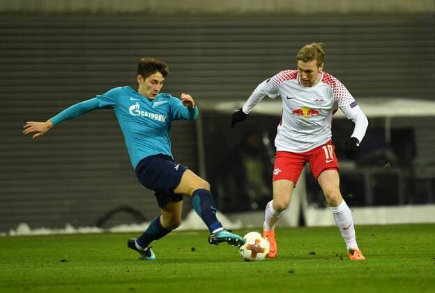 Fussball, Herren, Saison 2017 2018, Europa League (Achtelfinale, Hinspiel), RB Leipzig - Zenit St. Petersburg, v. l. Daler Kuzyaev ( 14, Zenit St. Petersburg), Emil Forsberg (RB Leipzig), 08.03. 2018, Copyright: xMatthiasxKochx