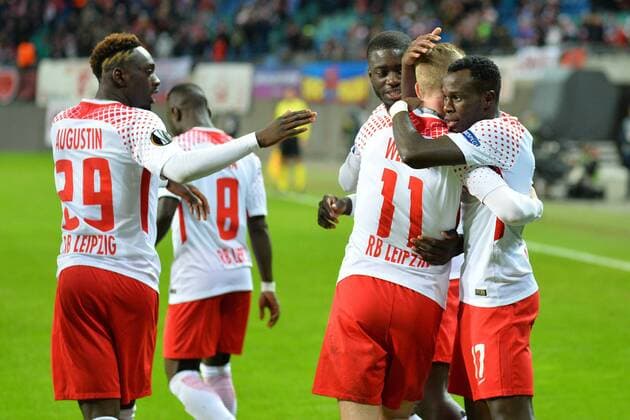 Mannschaft von RB Leipzig bejubelt das 1:0, Torschuetze Bruma (RB Leipzig) re. , RB Leipzig vs. Zenit St. Petersburg, Fussball, UEFA Europa League, 08.03.2018, Leipzig Copyright: xEIBNER BertxHarzerx EP_BHR