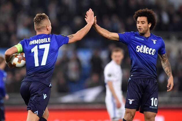Esultanza gol Ciro immobile Lazio 1-1 Goal celebration with Felipe Anderson Roma 08-03-2018 Stadio Olimpico Football Europa League 2017 2018 Round of 32 Lazio - Dinamo Kiev Foto Antonietta Baldassarre Insidefoto antoxbalda