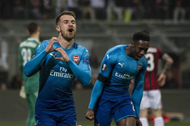 8th March 2018, San Siro, Milan, Italy; UEFA Europa League football, round of 16, 1st leg, AC Milan versus Arsenal FC; Aaron Ramsey celebrate the second goal for Arsenal in the 45th minute  ActionPlus11999361