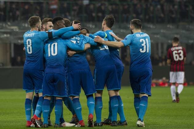 8th March 2018, San Siro, Milan, Italy; UEFA Europa League football, round of 16, 1st leg, AC Milan versus Arsenal FC; Henrikh Mkhitaryan of Arsenal celebrates scoring the first goal for Arsenal in the 15th minute  ActionPlus11999349