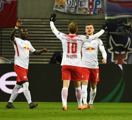 Fussball, Herren, Saison 2017 2018, Europa League (Achtelfinale, Hinspiel), RB Leipzig - Zenit St. Petersburg, Naby Keita (RB Leipzig), Emil Forsberg (RB Leipzig), Timo Werner (RB Leipzig), Jubel nach Tor zum 2:0, 08.03. 2018, Copyright: xMatthiasxKochx