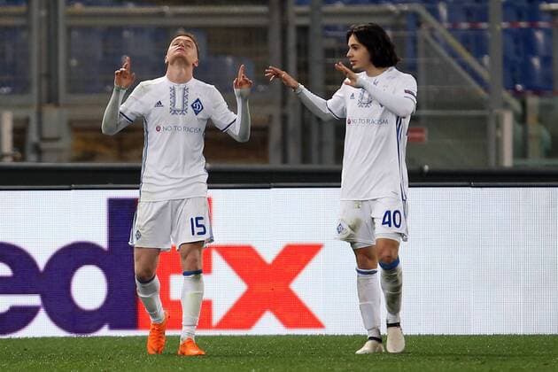 8th March 2018, Stadio Olimpico, Rome, Italy; UEFA Europa League football, round of 16, 1st leg, Lazio versus Dynamo Kyiv; (L-R) Viktor Tsygankov of Dynamo Kyiv celebrates with Mykola Shaparenko after scoring a goal in the 51th minute  ActionPlus11999409