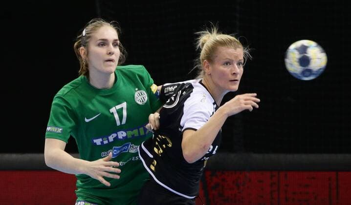 Ludwigsburg , Handball EHF Champions-League , SG BBM Bietigheim vs. FTC-Rail Cargo Hungaria , von links: Laura van der Heijden ( Hungaria ) Antje Lauenroth ( BBM )