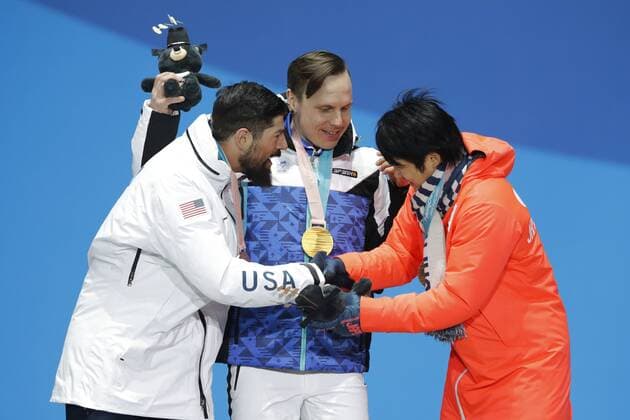 (L-R) Keith Gabel (USA), HamariMatti Suur (FIN), Gurimu Narita (JPN), MARCH 12, 2018 - Snowboarding : Men s Snowboard Cross Standing Medal Ceremony at PyeongChang Medals Plaza during the PyeongChang 2018 Paralympics Winter games Winterspiele Spiele Summer games in Pyeongchang, South Korea. NoxThirdxPartyxSales  (74028376)