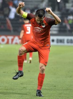 (180313) -- DOHA, March 13, 2018 -- Al-Rayyan s Rodrigo Tabata celebrates during the AFC Champions League Group D soccer match between Qatar s Al-Rayyan and Saudi Arabia s Al-Hilal FC at Jassim Bin Hamad Stadium in Doha, capital of Qatar, March 12, 2018. Qatar s Al-Rayyan won 2-1. ) (SP)QATAR-DOHA-SOCCER-AFC CHAMPIONS-GROUP D Nikku 