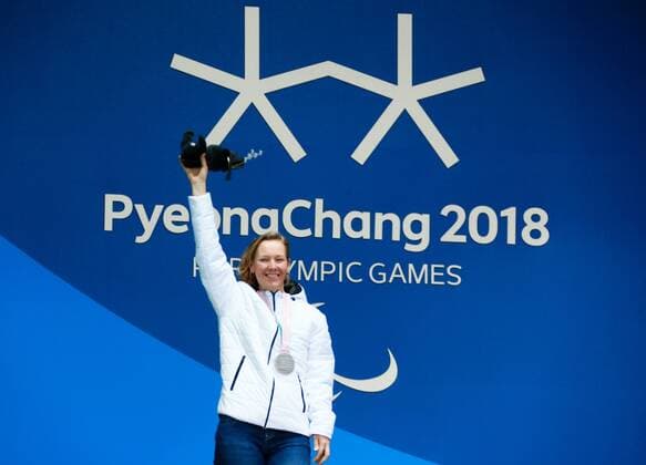 PYEONGCHANG, SOUTH KOREA - MARCH 13, 2018: Second-placed neutral Paralympic athlete (NPA) from Russia Anna Milenina attends a ceremony to award the women s 10km standing biathlon race winners at the 2018 Winter Paralympic Games. Vladimir Smirnov TASS  TS07771B