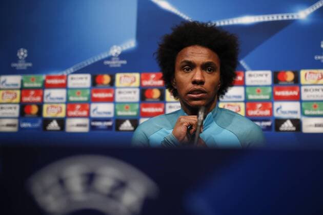 13th March 2018, Camp Nou, Barcelona, Spain; UEFA Champions League football, FC Barcelona Barca versus Chelsea, pre match press conference PK Pressekonferenz Willian of Chelsea FC speaks during the pre-match press conference  ActionPlus12001256