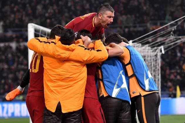 Esultanza Gol Edin Dzeko Roma 1-0 Goal celebration with Aleksandar Kolarov Roma 13-03-2018 Stadio Olimpico Champions League, Ottavi di Finale. AS Roma - Shakhtar Donetsk Foto Andrea Staccioli Insidefoto andreaxstaccioli