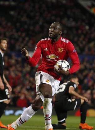 Romelu Lukaku of Manchester United ManU celebrates during the Champions League Round of 16 match at Old Trafford Stadium, Manchester. Picture date: March 13th 2018. Picture credit should read: Andrew Yates Sportimage EDITORIAL USE ONLY. No use with unauthorised audio, video, data, fixture lists, club league logos or live services. Online in-match use limited to 120 images, no video emulation. No use in betting, games or single club league player publications.