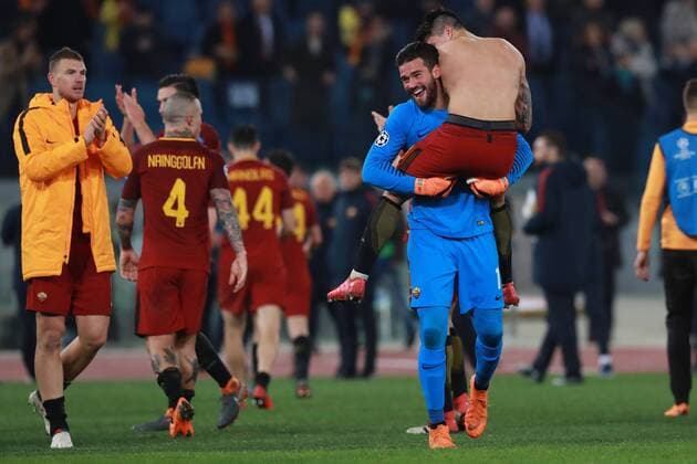 Esultanza a fine partita per la qualificazione i quarti, celebration Rames Becker Alisson Roma Diego Perotti Roma Roma 13-03-2018 Stadio Olimpico Football Calcio UEFA Champions League 2017 2018 AS Roma - Shakhtar Donetsk Quarti di finale ritorno, Round of 16 2st leg Foto Cesare Purini Insidefoto cesarexpurini