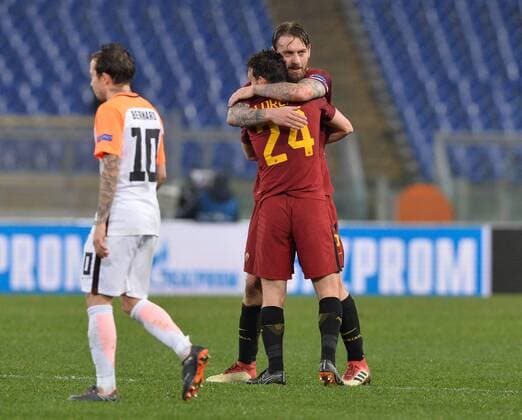 March 13, 2018 - Rome, Italy - Daniele De Rossi celebrates with Alessandro Florenzi after the Champions League football match A.S. Roma vs Shakhtar Donetsk at the Olympic Stadium in Rome, on march 13, 2018. AS Roma v Shakhtar Donetsk - UEFA Champions League Round of 16: Second Leg  - ZUMAn230 20180313_zaa_n230_457 Copyright: xSilviaxLorex