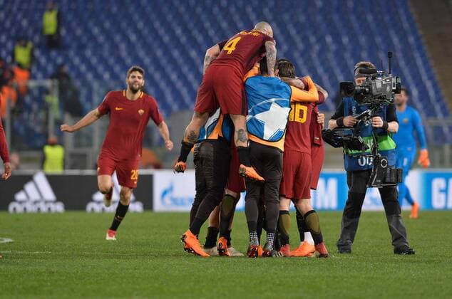 March 13, 2018 - Rome, Italy - A.S Roma players celebrates the victory after the Champions League football match A.S. Roma vs Shakhtar Donetsk at the Olympic Stadium in Rome, on march 13, 2018. AS Roma v Shakhtar Donetsk - UEFA Champions League Round of 16: Second Leg  - ZUMAn230 20180313_zaa_n230_465 Copyright: xSilviaxLorex