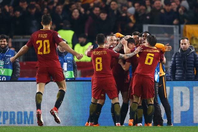 March 13, 2018 - Rome, Italy - AS Roma v FC Shakhtar Donetsk : UEFA Champions League Round of 16 Second leg.Roma celebration after the decisive goal scored by Edin Dzeko at Olimpico Stadium in Rome, Italy on March 13, 2018. AS Roma v Shakhtar Donetsk - UEFA Champions League Round of 16: Second Leg  - ZUMAn230 20180313_zaa_n230_497 Copyright: xMatteoxCiambellix