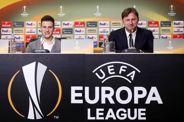 RB Leipzig - PK St.Petersburg Euro League Sankt Petersburg, 14.03.2018, Krestowski-Stadion, Fussball, UEFA EURO EM Europameisterschaft Fussball League, Achtelfinale (Re), Zenit St. Petersburg - RB Leipzig , RB Leipzig Pressekonferenz am Vorabend. Im Bild: Diego Demme (l.) und Trainer Ralph Hasenhüttl Hasenhuettl (RB Leipzig). ,