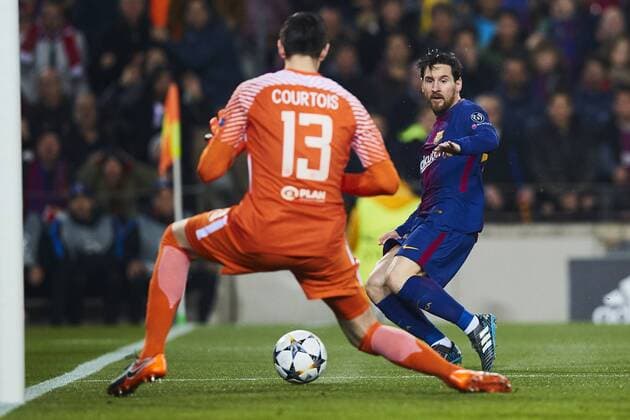 Fußball, CL, FC Barcelona - FC Chelsea 14.03.2018, xslx, Fussball Champions League Achtenfinale, FC Barcelona Barca - Chelsea London, emspor vl Lionel Messi (FC Barcelona) erzielt das Tor 1-0 Barcelona