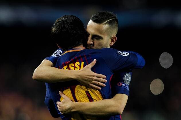 FuÃŸball, CL, FC Barcelona - FC Chelsea 14th March 2018, Camp Nou, Barcelona, Spain; UEFA Champions League football, round of 16, 2nd leg, FC Barcelona Barca versus Chelsea; Lionel Messi of FC Barcelona and Jordi Alba celebrating 1-0 at 3rd minute  ActionPlus12001544