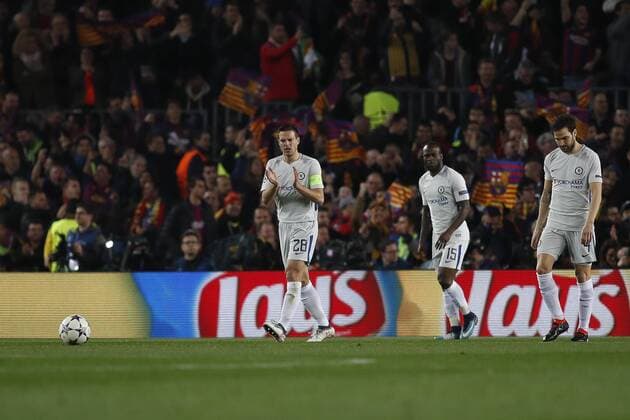 14th March 2018, Camp Nou, Barcelona, Spain; UEFA Champions League football, round of 16, 2nd leg, FC Barcelona Barca versus Chelsea; Cesar Azpilicueta of Chelsea FC encourages his team mates after they go 1-0 down early in the game  ActionPlus12001547