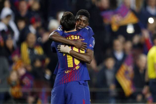 (l-r) Lionel Messi of FC Barcelona Barca Ousmane Dembele of FC Barcelona during the UEFA Champions League round of 16 match between FC Barcelona and Chelsea FC at the Camp Nou stadium on March 14, 2018 in Barcelona, Spain. UEFA Champions League 2017 2018 xVIxVIxImagesx xMauricexvanxSteenxIVx 10346269