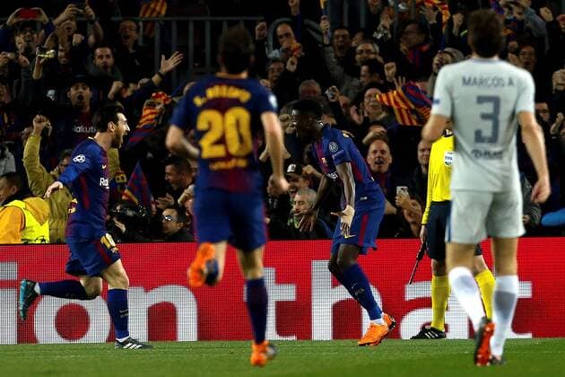 Fußball, CL, FC Barcelona - FC Chelsea FC Barcelona Barca s Lionel Messi (L) and Ousmane Dembele (3L) jubilate the second goal of the team during the UEFA Champions League round of 16 second leg match between FC Barcelona and Chelsea at the Camp Nou stadium in Barcelona, Catalonia, Spain, 14 March 2018. FC Barcelona vs. Chelsea !ACHTUNG: NUR REDAKTIONELLE NUTZUNG!  Copyright: xEnricxFontcubertax BCN008 20180314-636566601594689176