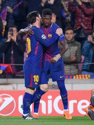 FUSSBALL CHAMPIONS LEAGUE SAISON 2017 2018 ACHTELFINALE RUECKSPIEL FC Barcelona Barca - FC Chelsea London 14.03.2018 Lionel Messi (li) und Ousmane Dembele (re, beide Barca) jubeln nach dem 1:0 Barcelona