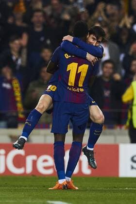 14.03.2018, xslx, Fussball Champions League Achtenfinale, FC Barcelona Barca - Chelsea London, emspor vl Dembele (FC Barcelona) Jubelt nach den 2-0 gemeinsam mit Lionel Messi (FC Barcelona) Barcelona