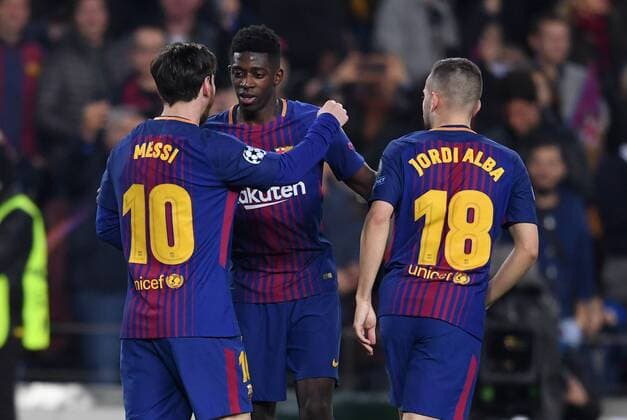 FUSSBALL CHAMPIONS LEAGUE SAISON 2017 2018 ACHTELFINALE RUECKSPIEL FC Barcelona Barca - FC Chelsea London 14.03.2018 Torjubel Lionel Messi, Ousmane Dembele und Jordi Alba (v.l., alle Barca) Barcelona