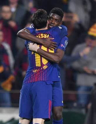 FUSSBALL CHAMPIONS LEAGUE SAISON 2017 2018 ACHTELFINALE RUECKSPIEL FC Barcelona Barca - FC Chelsea London 14.03.2018 Torjubel Lionel Messi und Ousmane Dembele (v.l., beide Barca) Barcelona