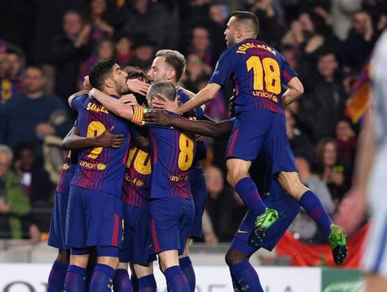 FUSSBALL CHAMPIONS LEAGUE SAISON 2017 2018 ACHTELFINALE RUECKSPIEL FC Barcelona Barca - FC Chelsea London 14.03.2018 Torjubel Barcelona mit Luis Suarez, Lionel Messi, Andres Iniesta, Ivan Rakitic und Jordi Alba (v.l., alle Barca) Barcelona