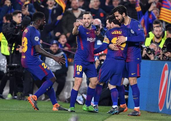 FUSSBALL CHAMPIONS LEAGUE SAISON 2017 2018 ACHTELFINALE RUECKSPIEL FC Barcelona Barca - FC Chelsea London 14.03.2018 Torjubel: Samuel Umtiti, Jordi Alba, Lionel Messi und Andre Gomes (v.l., alle Barca) Barcelona